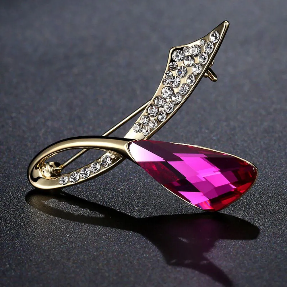 Orange Red Austrian Crystals Double Leaf Brooch Pin