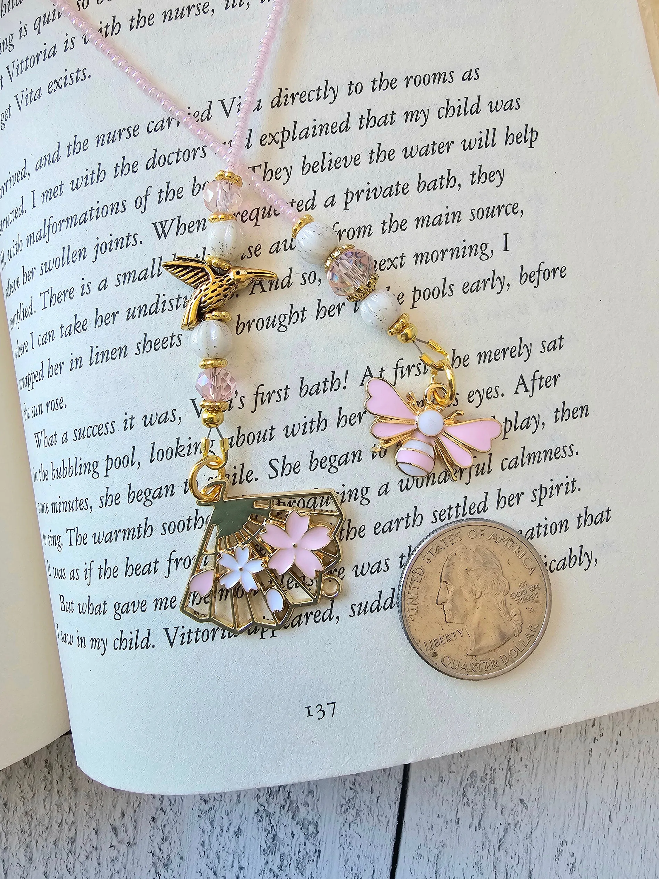 Pollinator Bookmark Gift, Unique Beaded Book Thong, Bee and Hummingbird