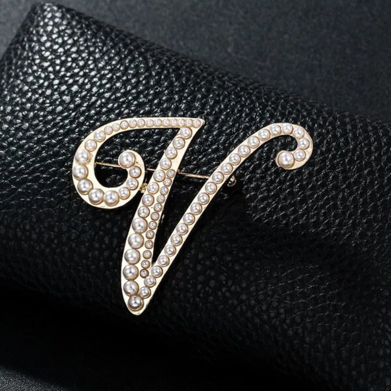 Precious Pearl Embedded Personalized A-Z Initial Letter Brooch Pins