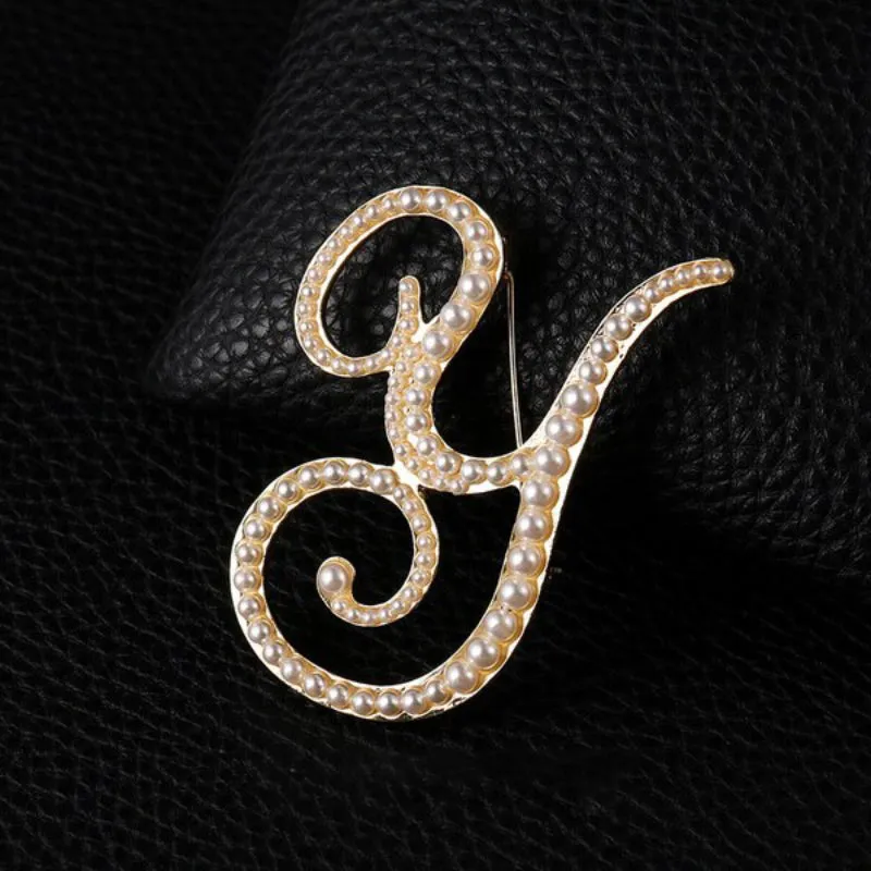 Precious Pearl Embedded Personalized A-Z Initial Letter Brooch Pins