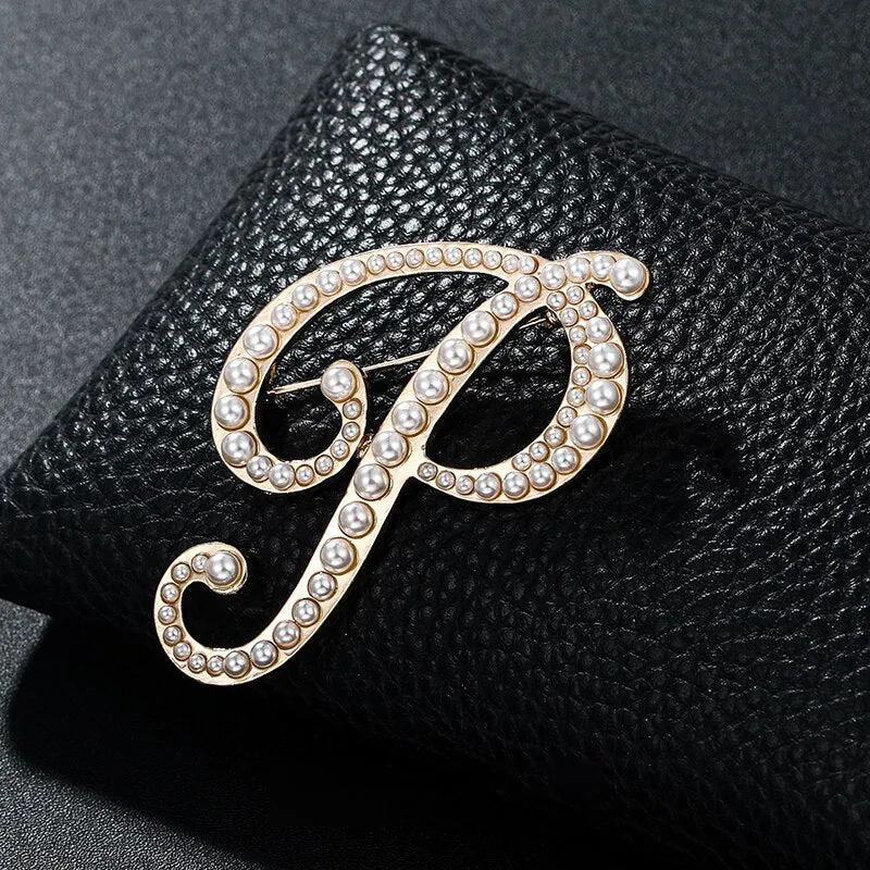 Precious Pearl Embedded Personalized A-Z Initial Letter Brooch Pins