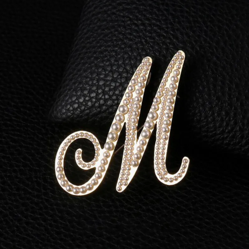 Precious Pearl Embedded Personalized A-Z Initial Letter Brooch Pins