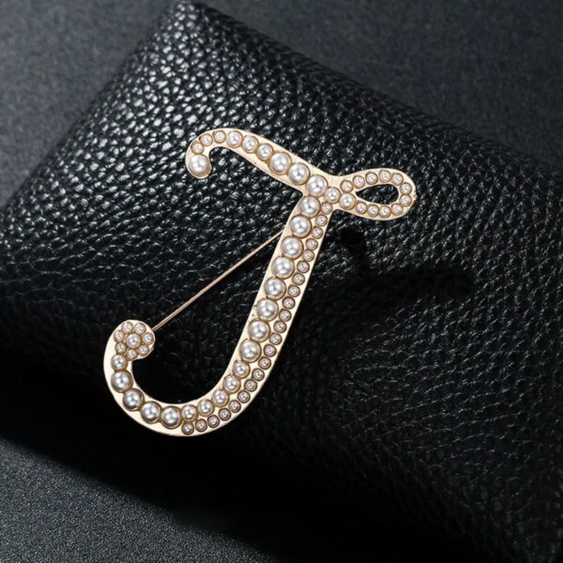Precious Pearl Embedded Personalized A-Z Initial Letter Brooch Pins