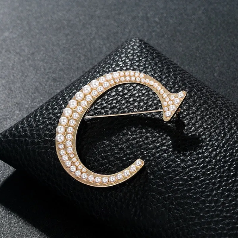 Precious Pearl Embedded Personalized A-Z Initial Letter Brooch Pins