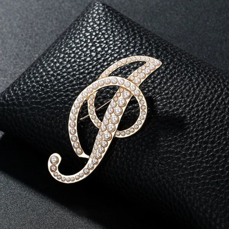 Precious Pearl Embedded Personalized A-Z Initial Letter Brooch Pins