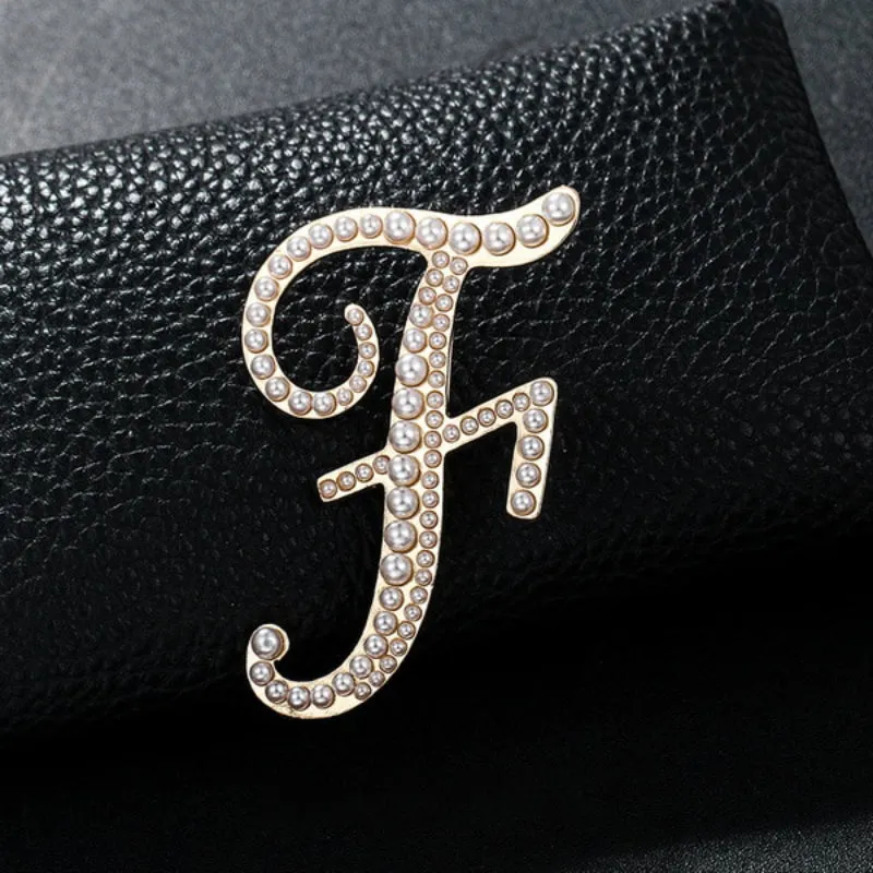 Precious Pearl Embedded Personalized A-Z Initial Letter Brooch Pins