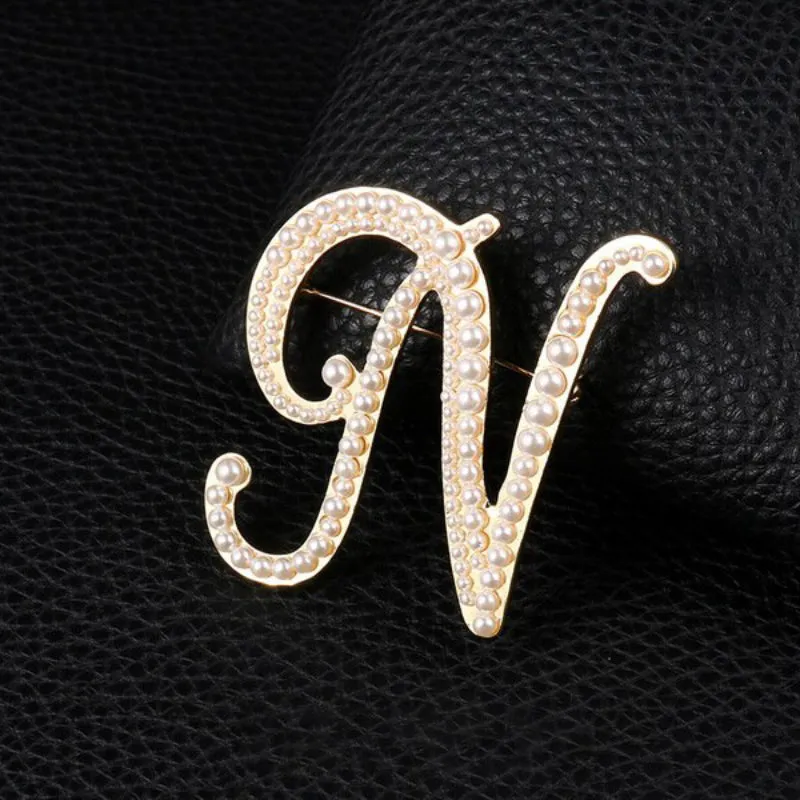 Precious Pearl Embedded Personalized A-Z Initial Letter Brooch Pins