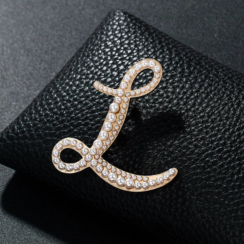 Precious Pearl Embedded Personalized A-Z Initial Letter Brooch Pins