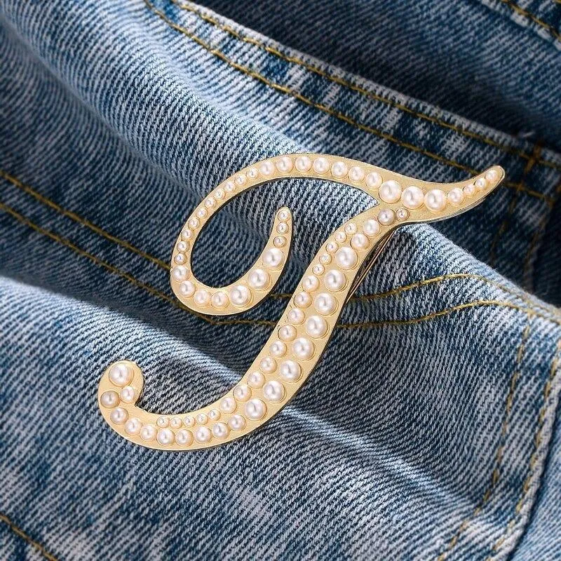 Precious Pearl Embedded Personalized A-Z Initial Letter Brooch Pins