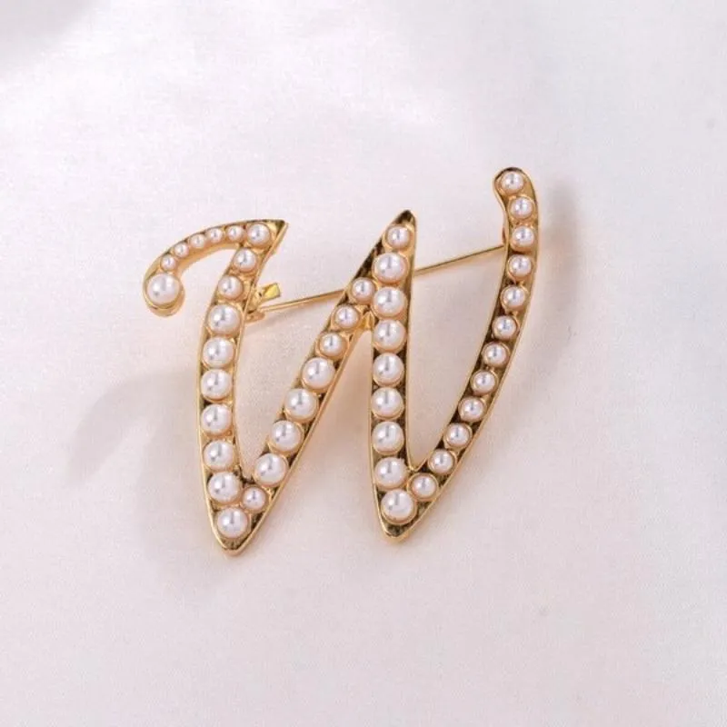 Precious Pearl Embedded Personalized A-Z Initial Letter Brooch Pins