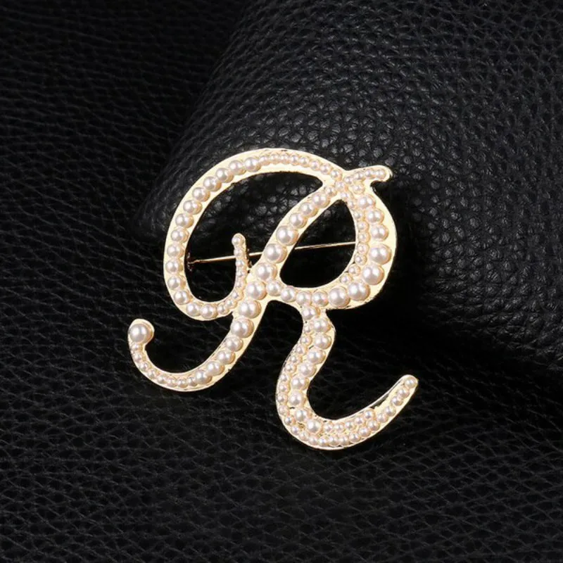 Precious Pearl Embedded Personalized A-Z Initial Letter Brooch Pins