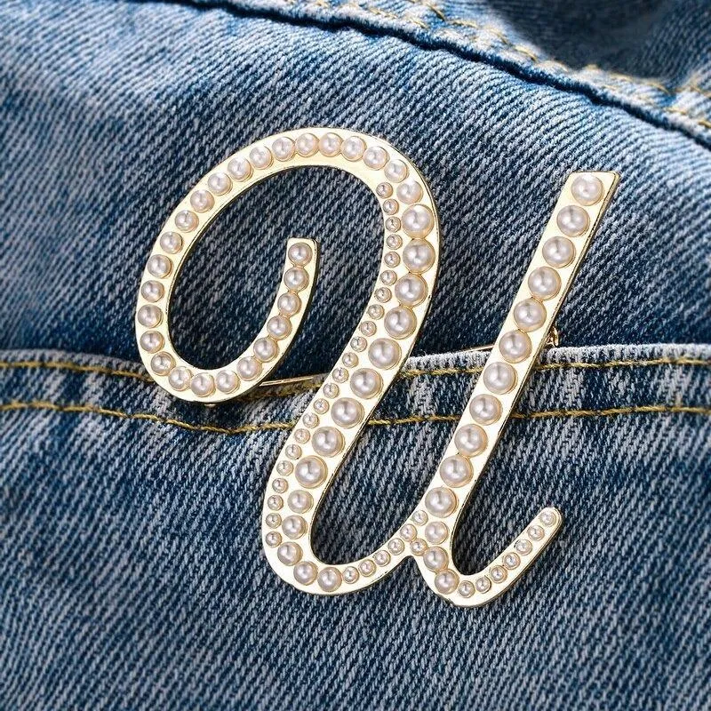 Precious Pearl Embedded Personalized A-Z Initial Letter Brooch Pins
