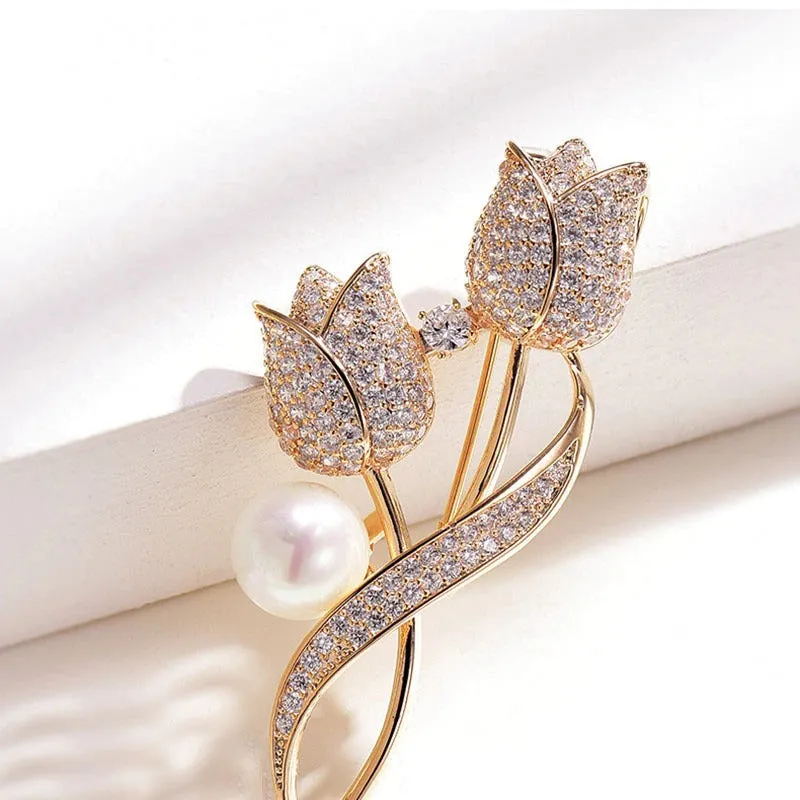 Precious Rhinestone and Pearl Tulip Flower Brooch Pins