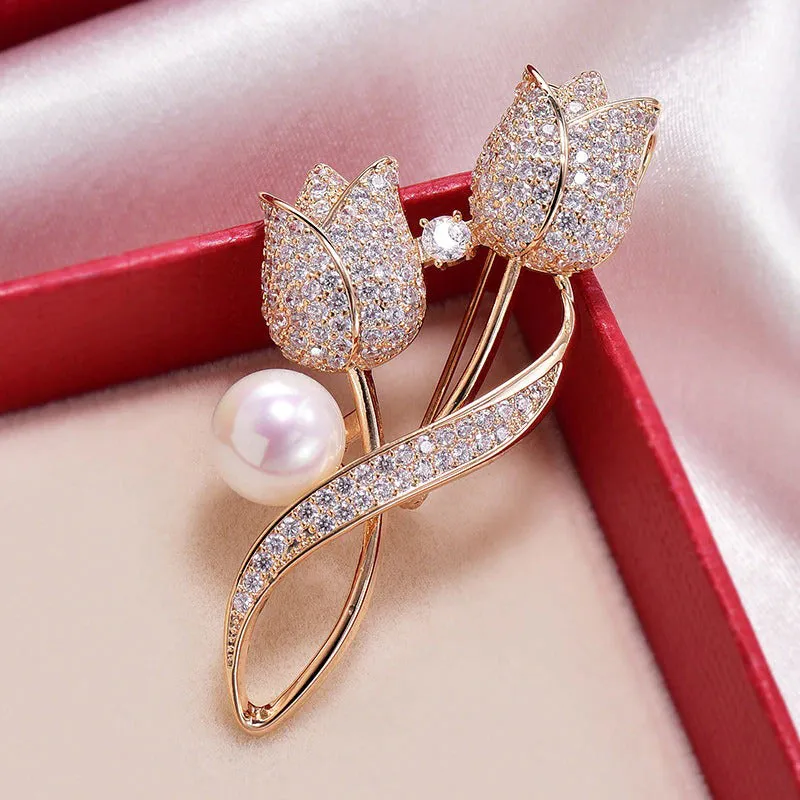 Precious Rhinestone and Pearl Tulip Flower Brooch Pins