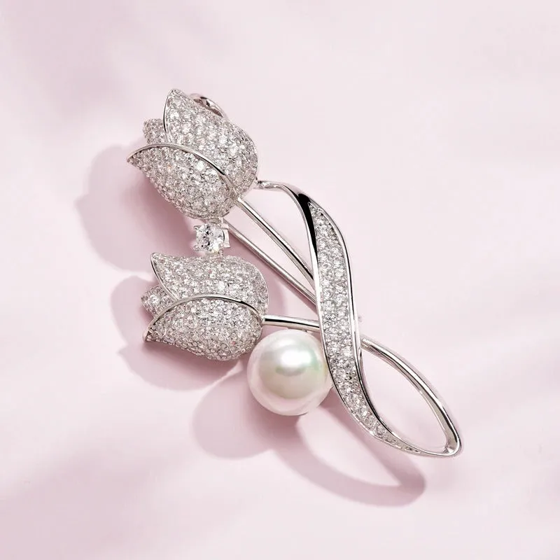 Precious Rhinestone and Pearl Tulip Flower Brooch Pins