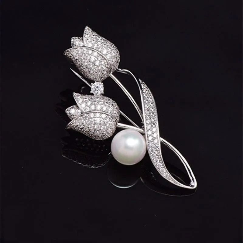 Precious Rhinestone and Pearl Tulip Flower Brooch Pins