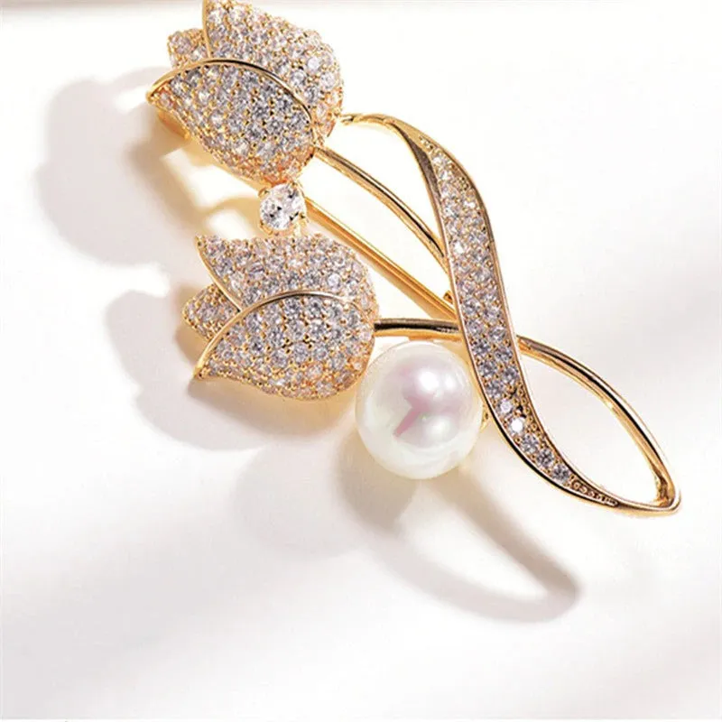 Precious Rhinestone and Pearl Tulip Flower Brooch Pins