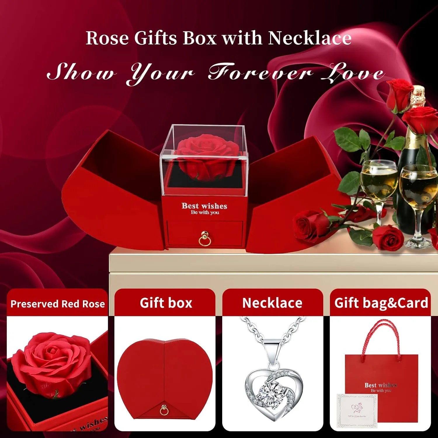 Preserved Red Rose with I Love You Necklace