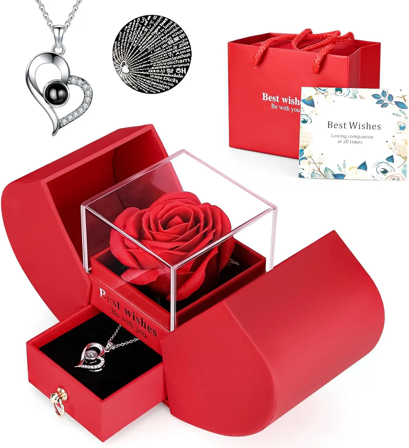 Preserved Red Rose with I Love You Necklace