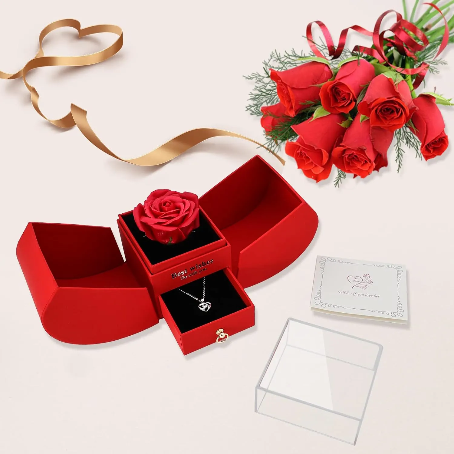 Preserved Red Rose with I Love You Necklace
