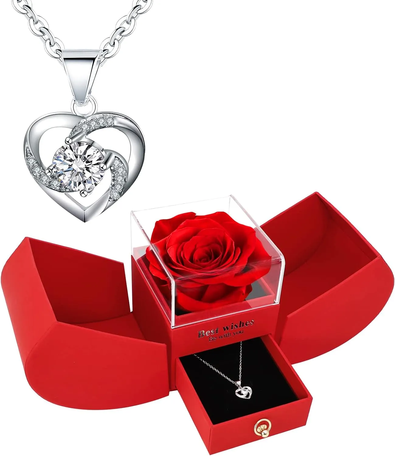 Preserved Red Rose with I Love You Necklace