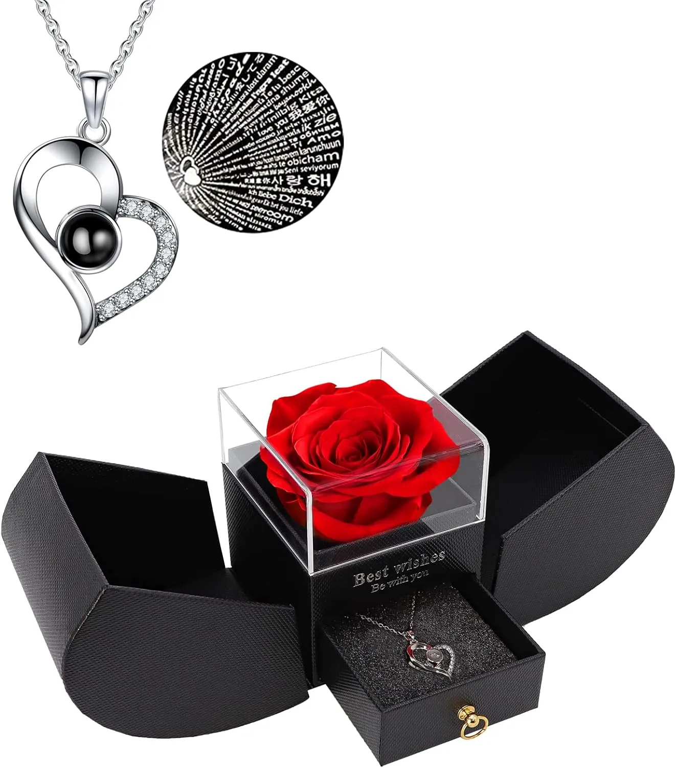 Preserved Red Rose with I Love You Necklace