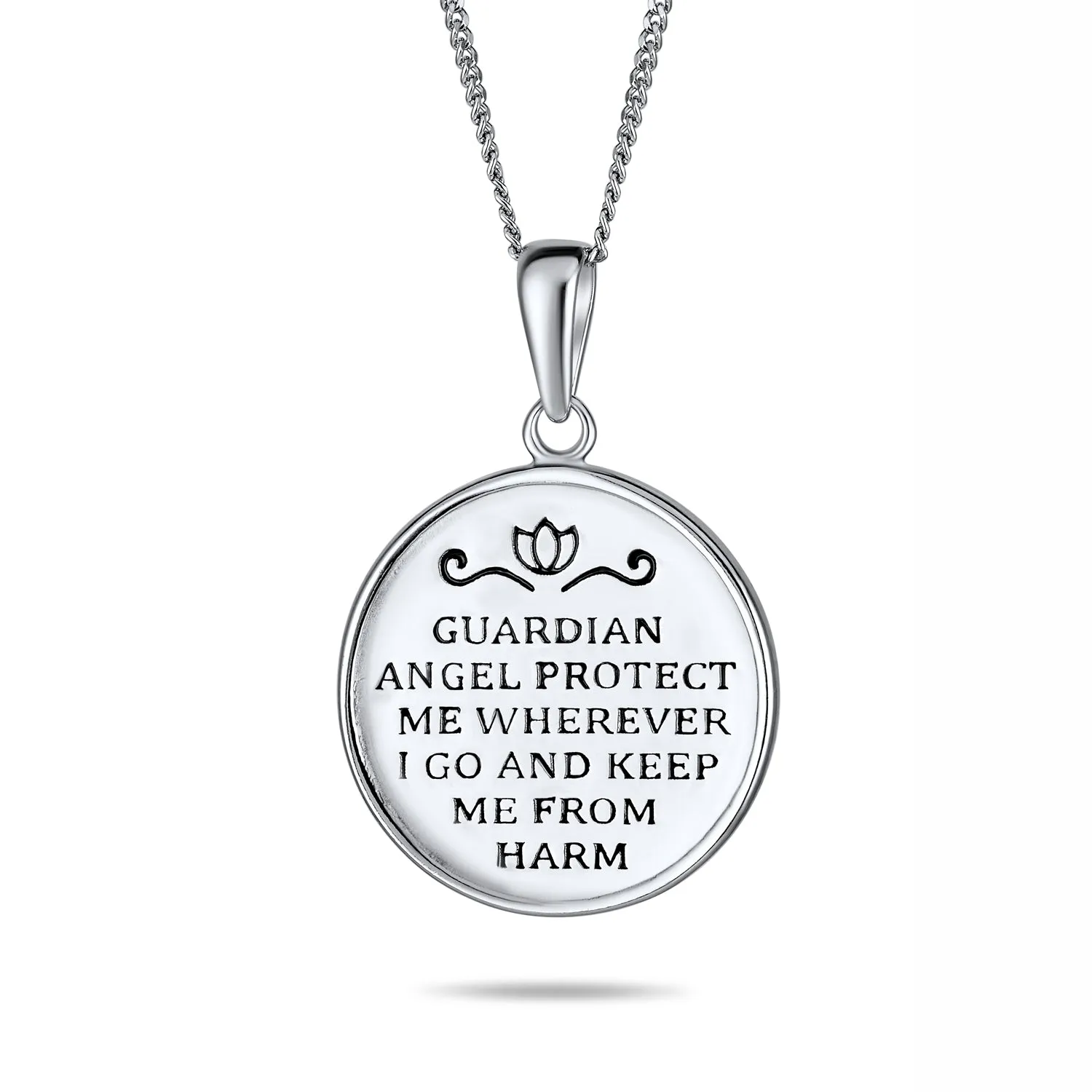 Round Medallion Disc Guardian Angel Pendant Necklace in Sterling Silver