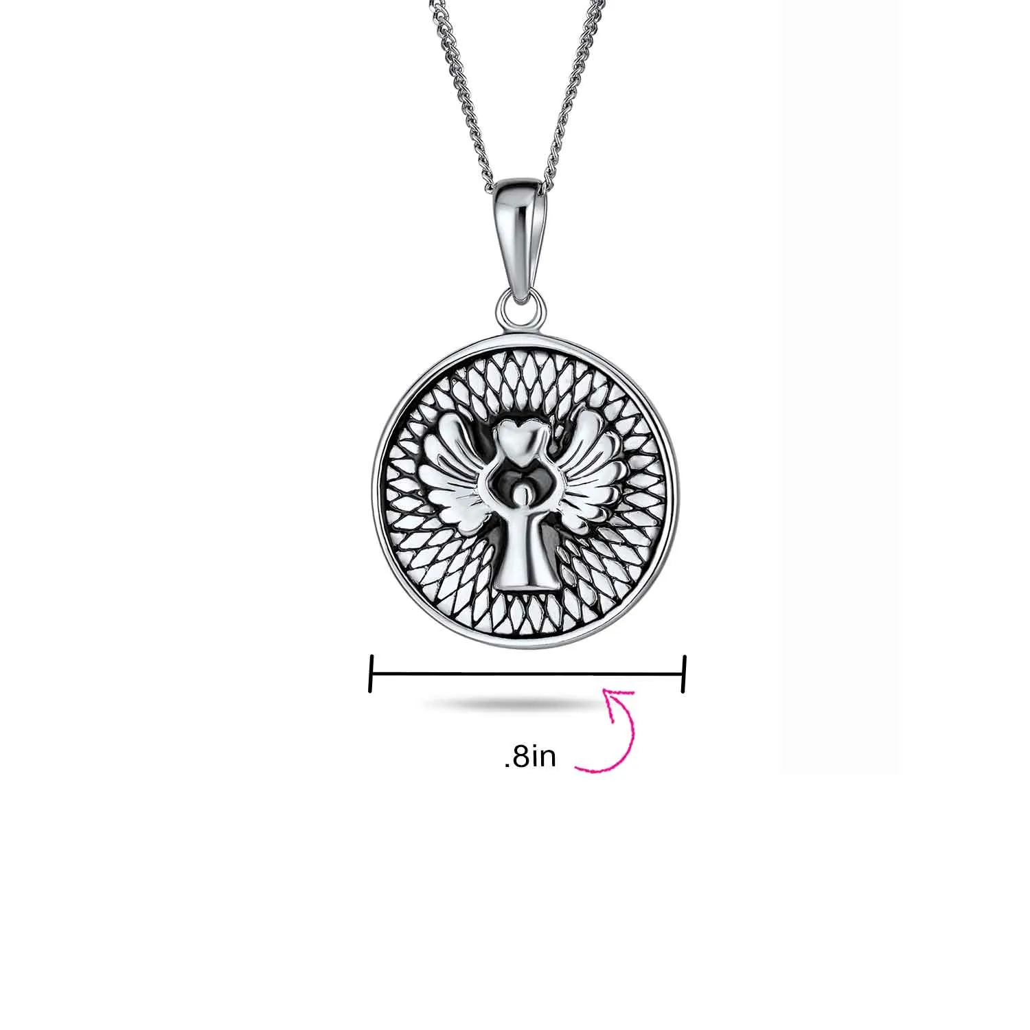 Round Medallion Disc Guardian Angel Pendant Necklace in Sterling Silver