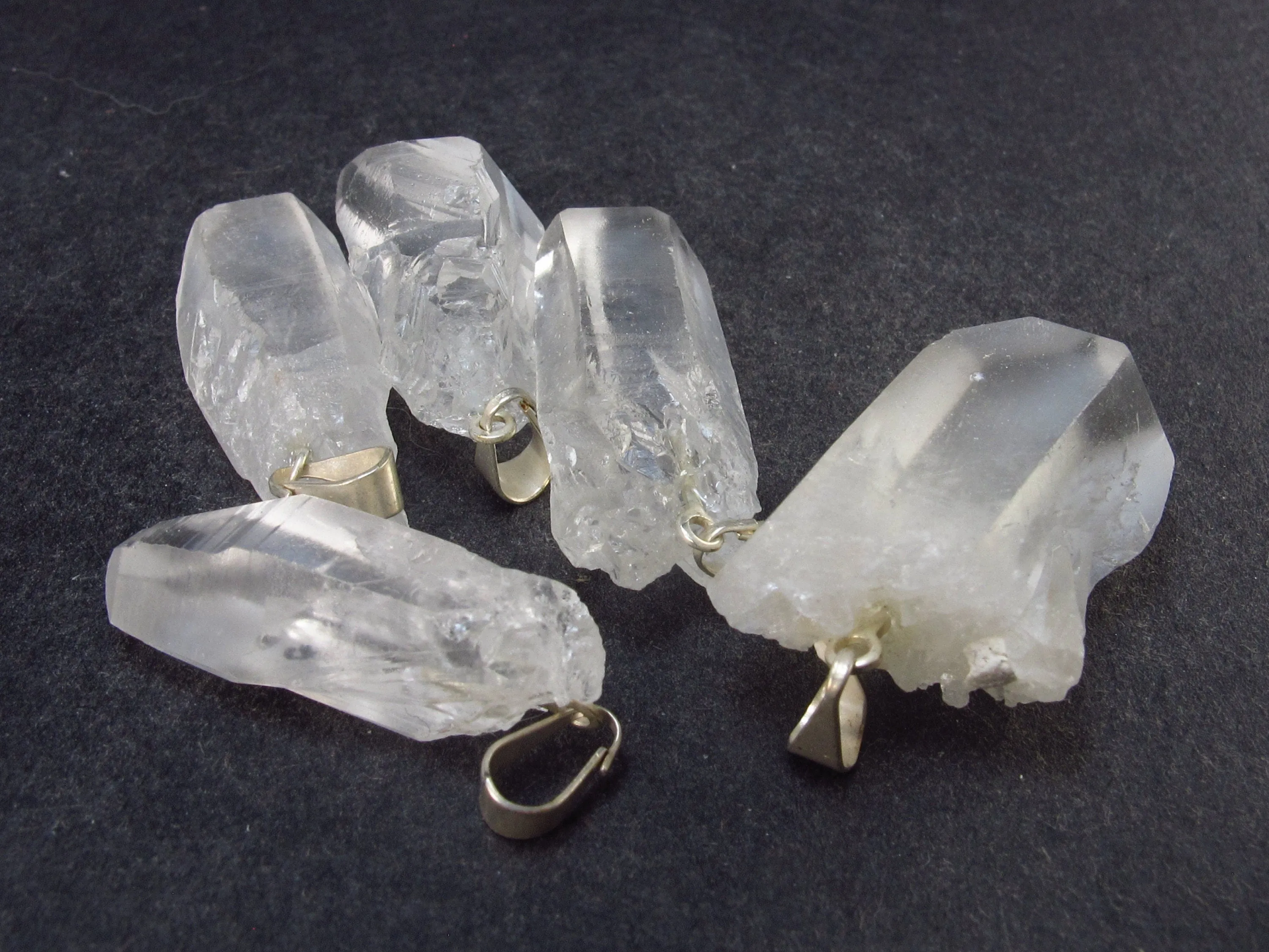 Set of 5 Natural Clear Quartz Crystal Pendants From Brazil