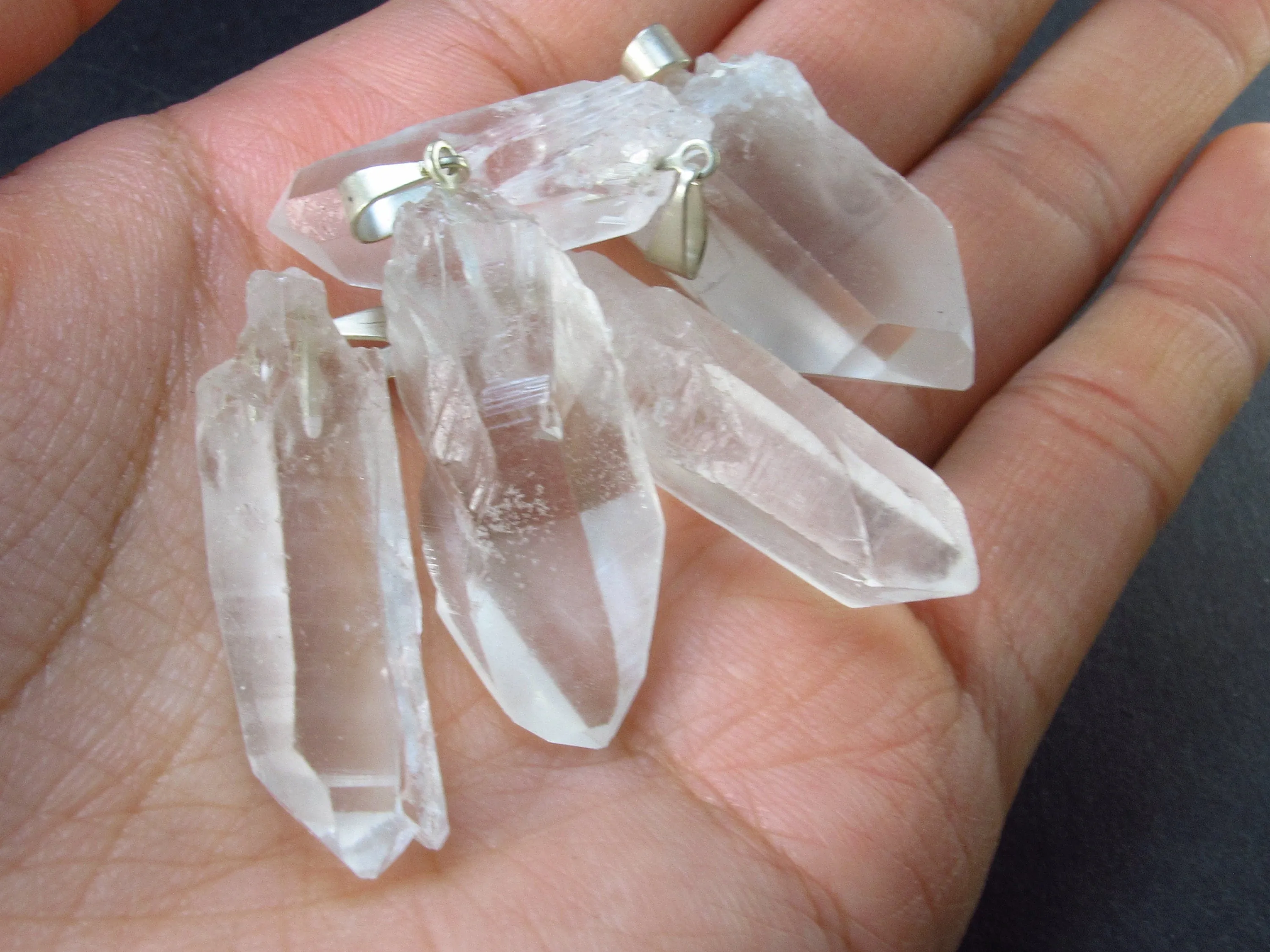 Set of 5 Natural Clear Quartz Crystal Pendants From Brazil