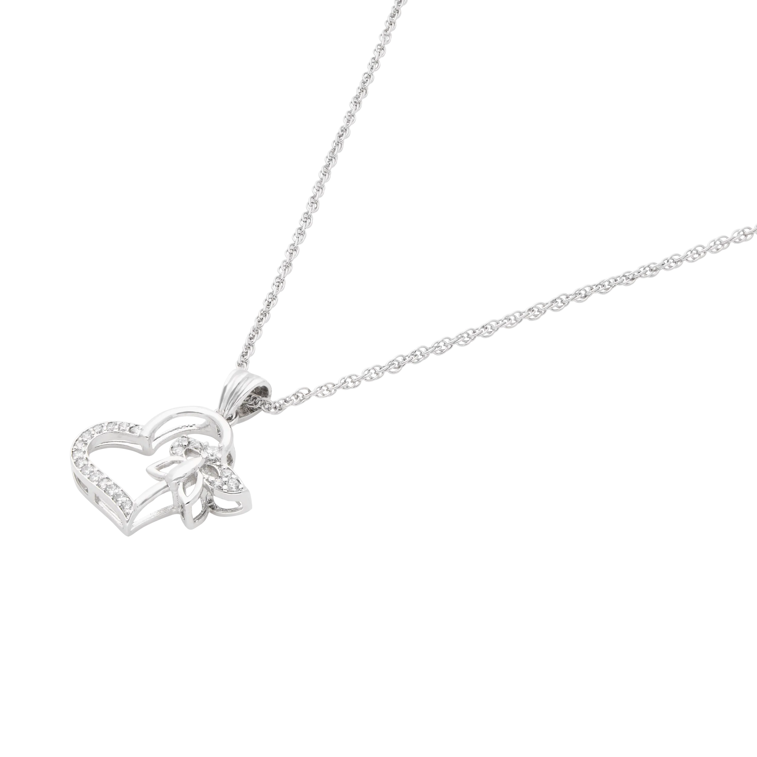 Silver Heart Pendant Necklace with Delicate Bow Accent | SKU : 0003594490, 0003594469, 0021456442, 0021456459