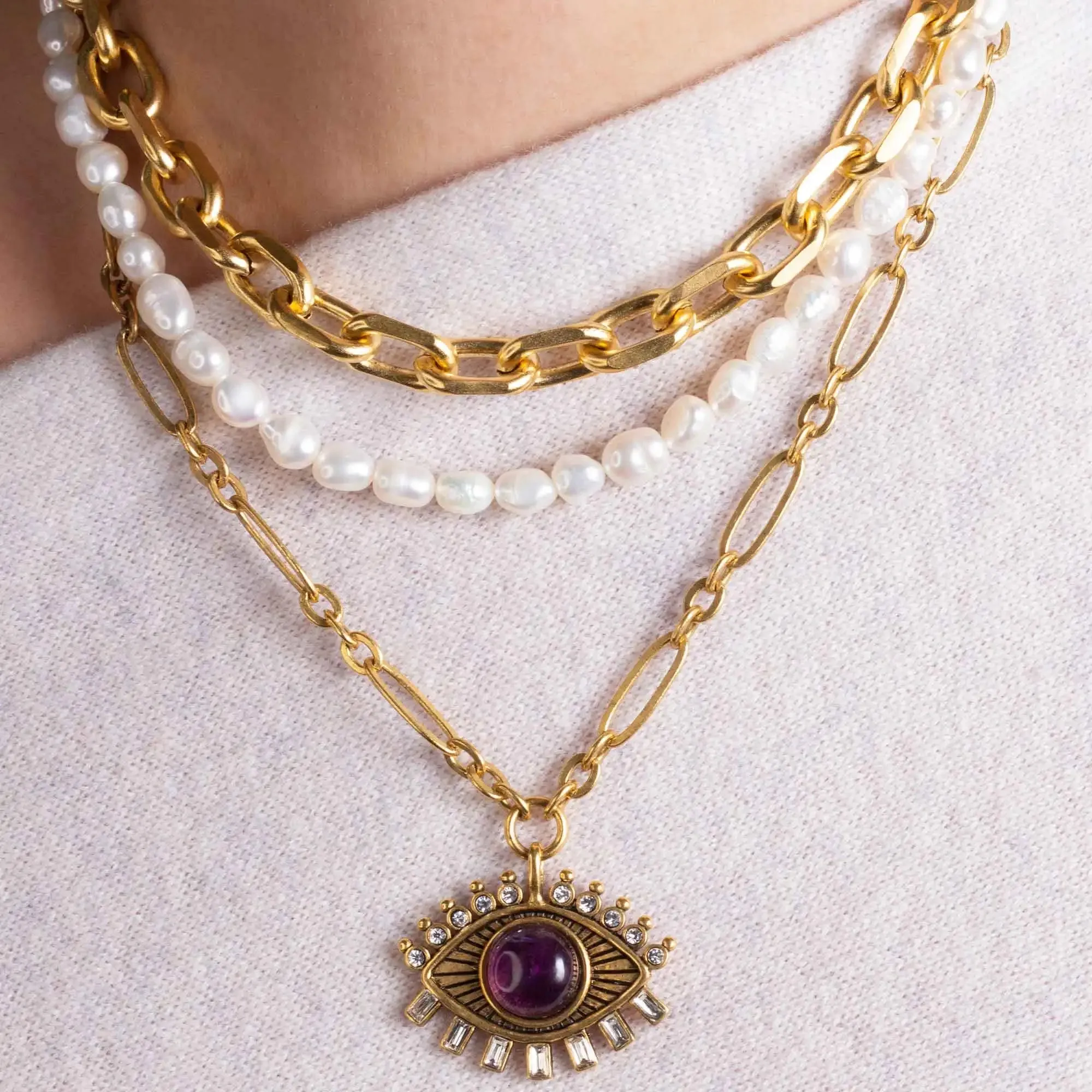 Stainless Steel Evil Eye Amethyst Necklace - 18K Gold Plated Talisman Jewelry