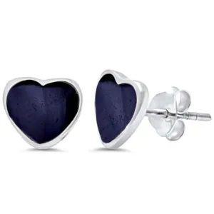 Sterling Silver .925 Black Heart Stud Earrings Unisex Adult