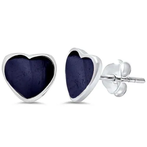 Sterling Silver .925 Black Heart Stud Earrings Unisex Adult