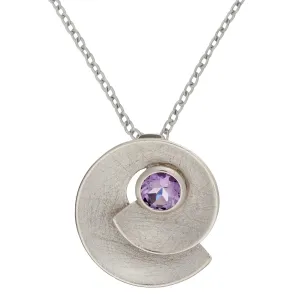 Sterling Silver Amethyst Spiral Seashell Pendant Necklace - Brushed Finish Design