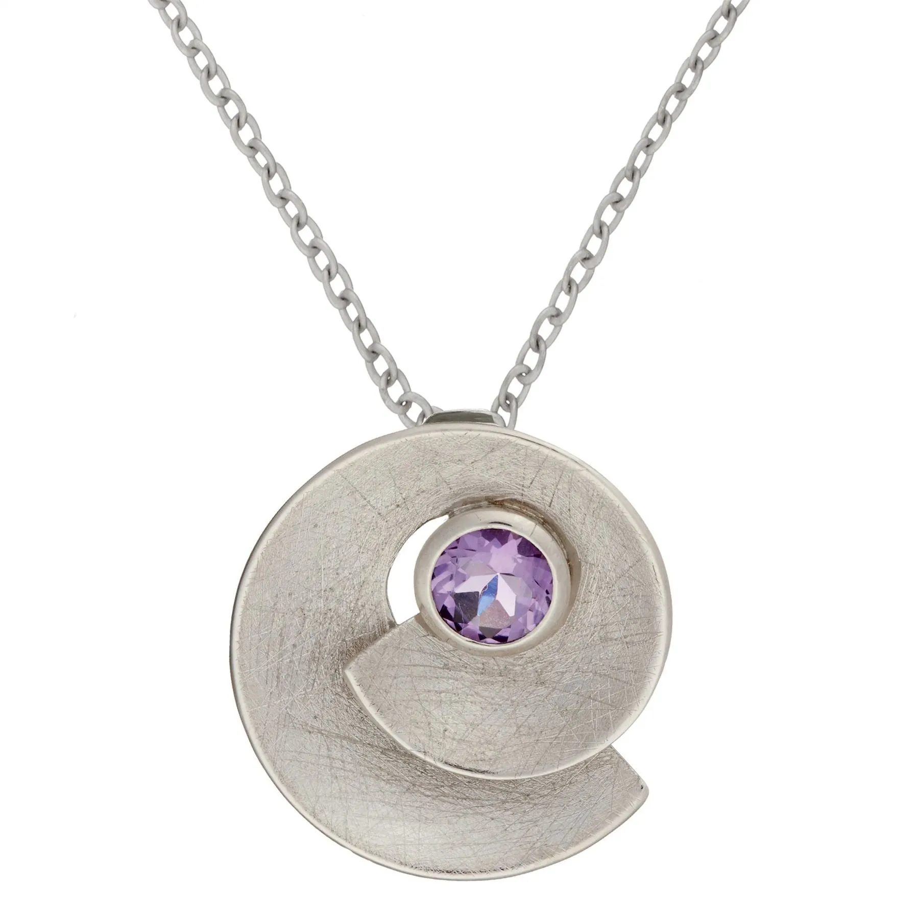 Sterling Silver Amethyst Spiral Seashell Pendant Necklace - Brushed Finish Design