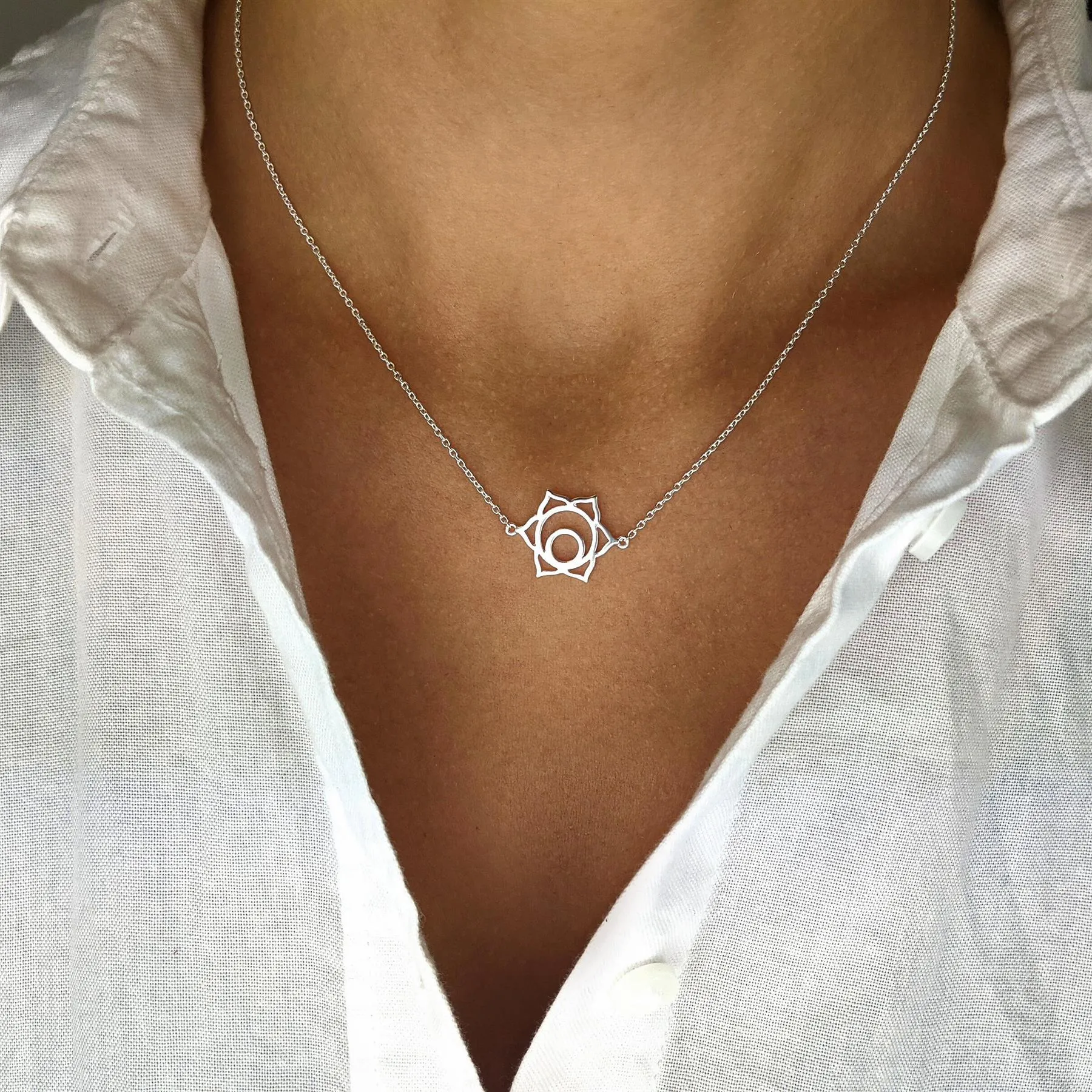 Sterling Silver Cut-Out Sacral Chakra Necklace With Orange CZ - Thin Cable Chain