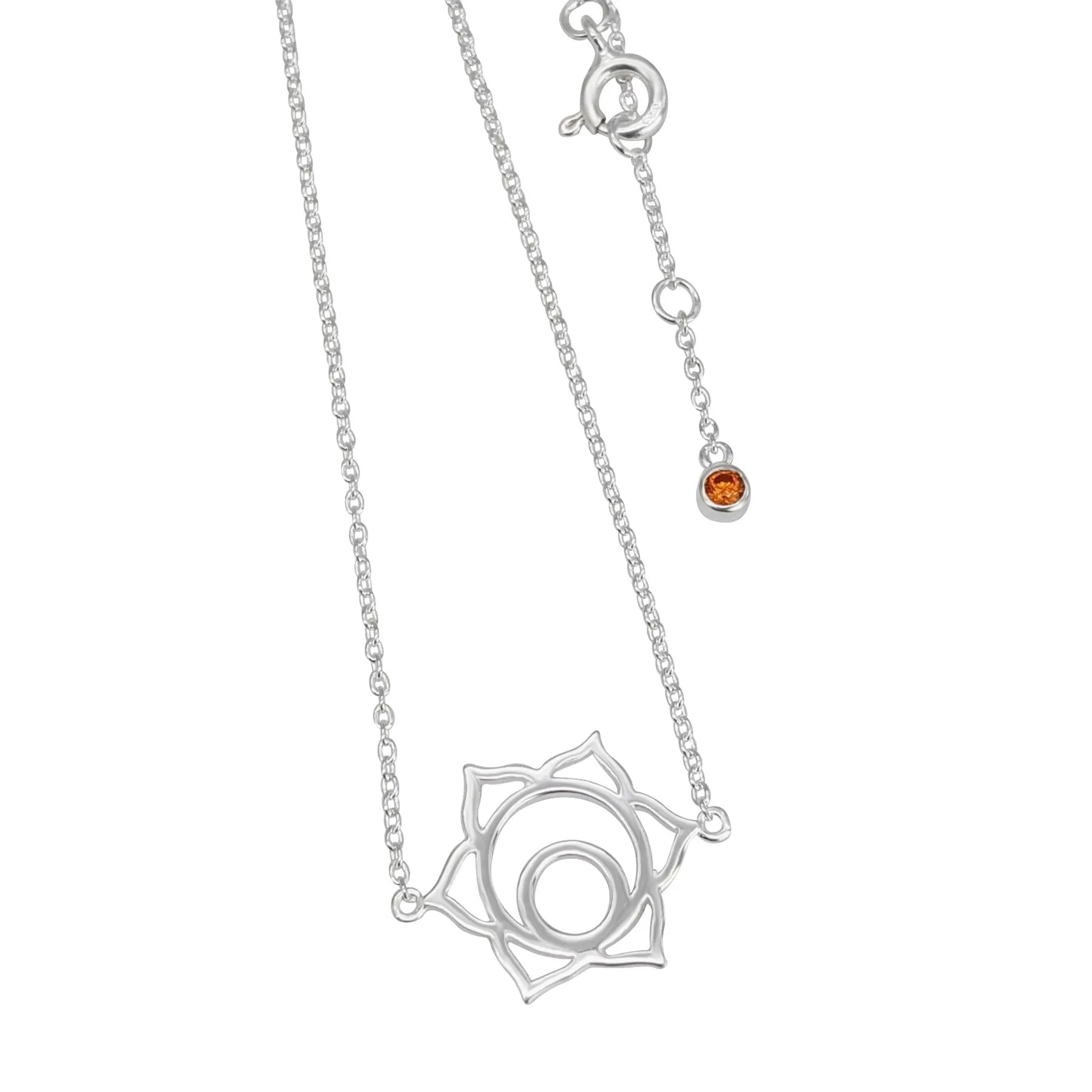 Sterling Silver Cut-Out Sacral Chakra Necklace With Orange CZ - Thin Cable Chain
