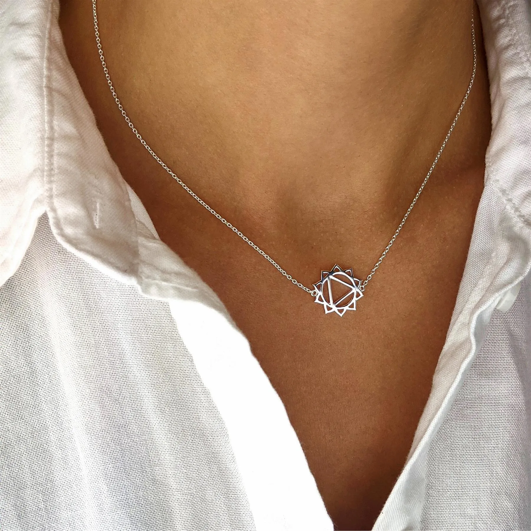 Sterling Silver Cut-Out Solar Plexus Chakra Necklace With Yellow CZ - Thin Cable Chain