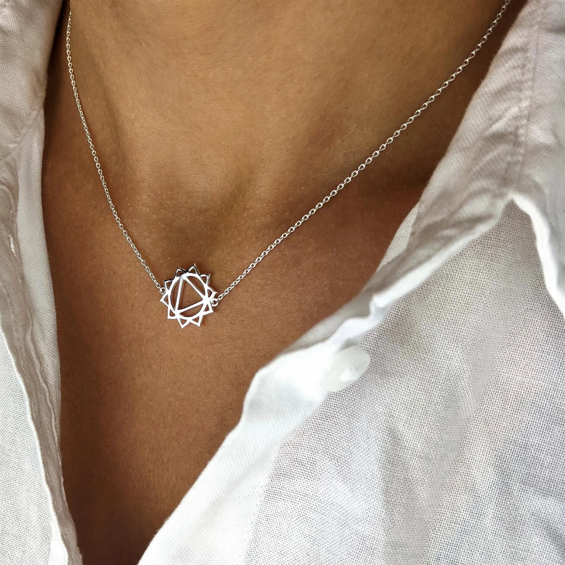 Sterling Silver Cut-Out Solar Plexus Chakra Necklace With Yellow CZ - Thin Cable Chain
