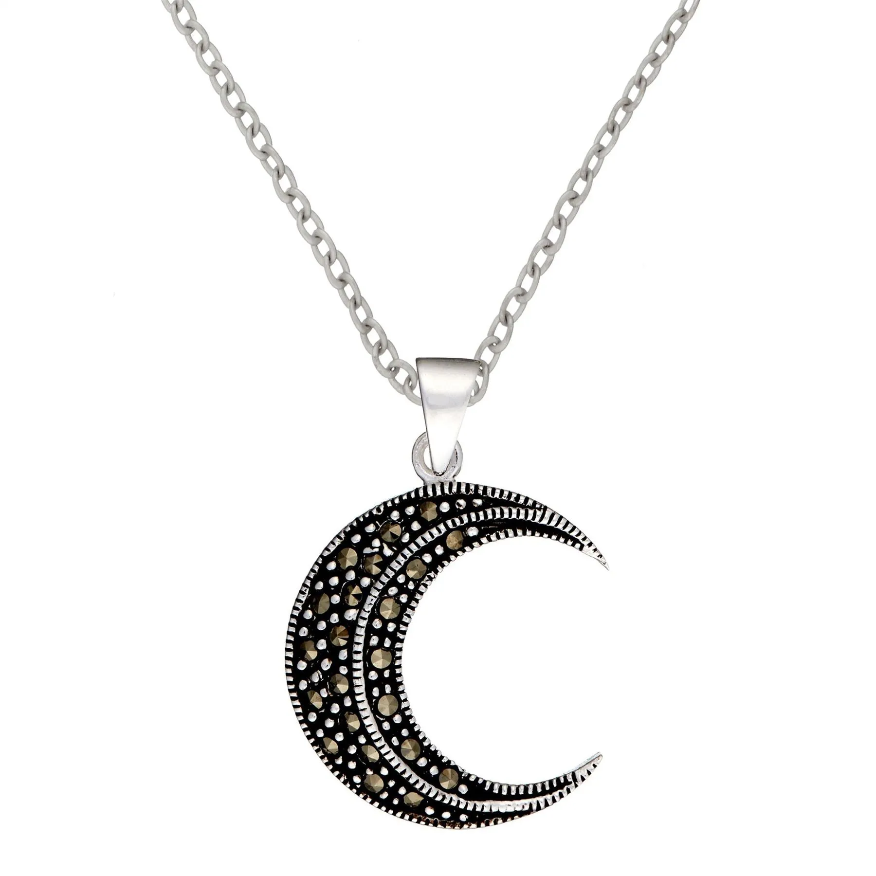 Sterling Silver Marcasite Crescent Moon Pendant Unique Wiccan Necklace
