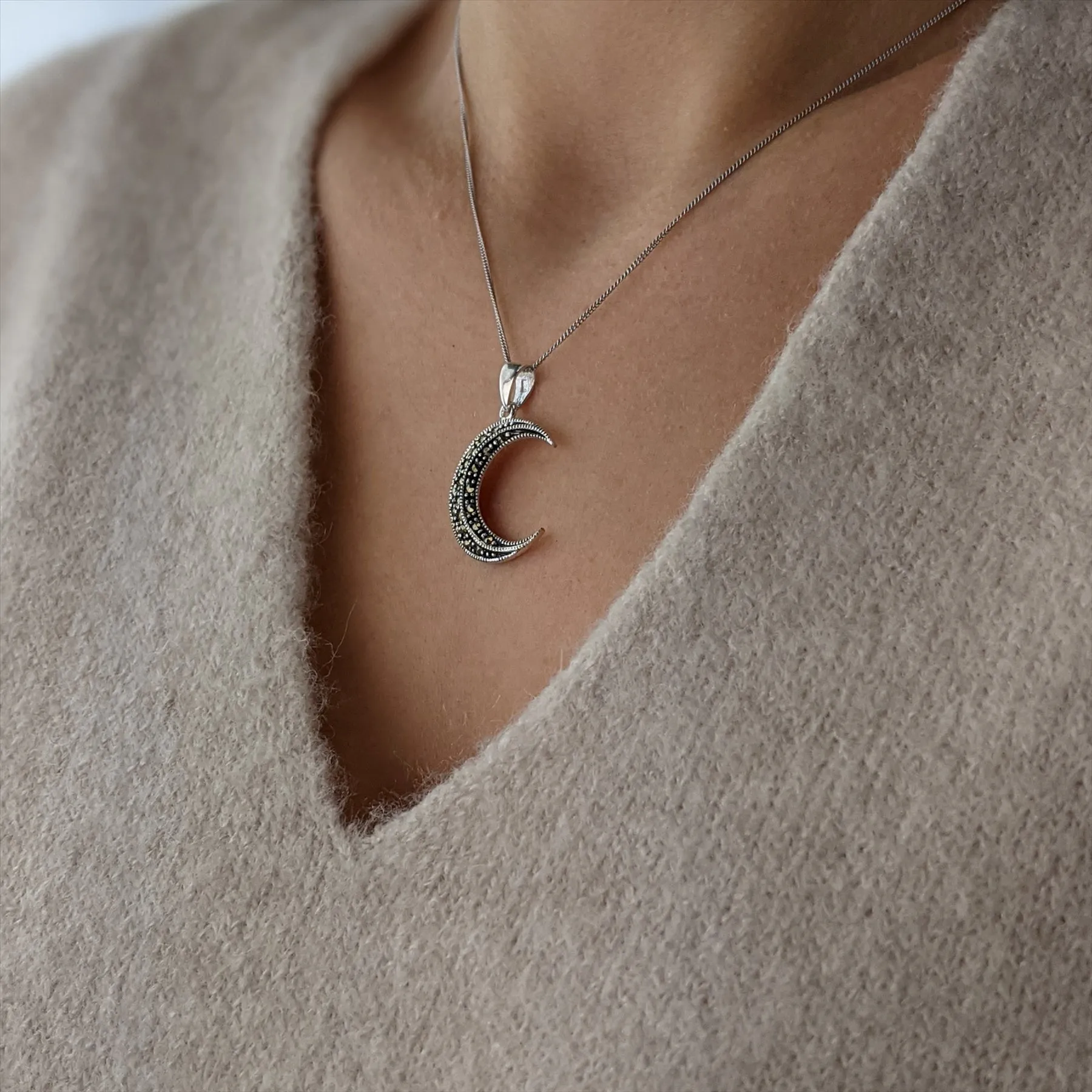 Sterling Silver Marcasite Crescent Moon Pendant Unique Wiccan Necklace