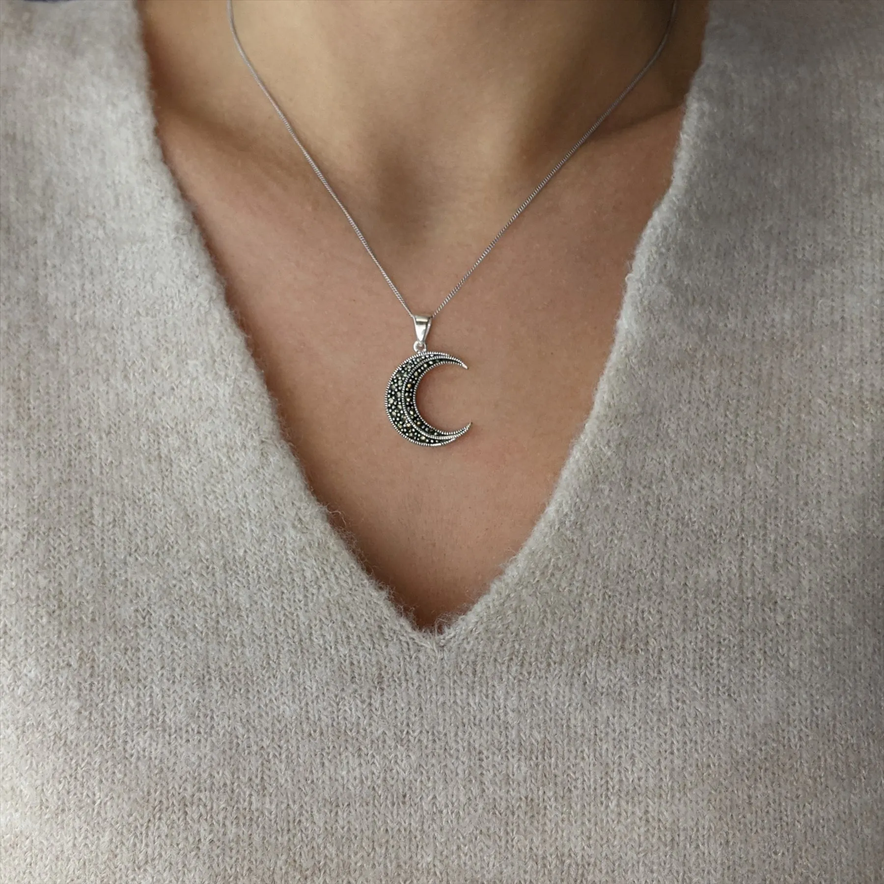 Sterling Silver Marcasite Crescent Moon Pendant Unique Wiccan Necklace