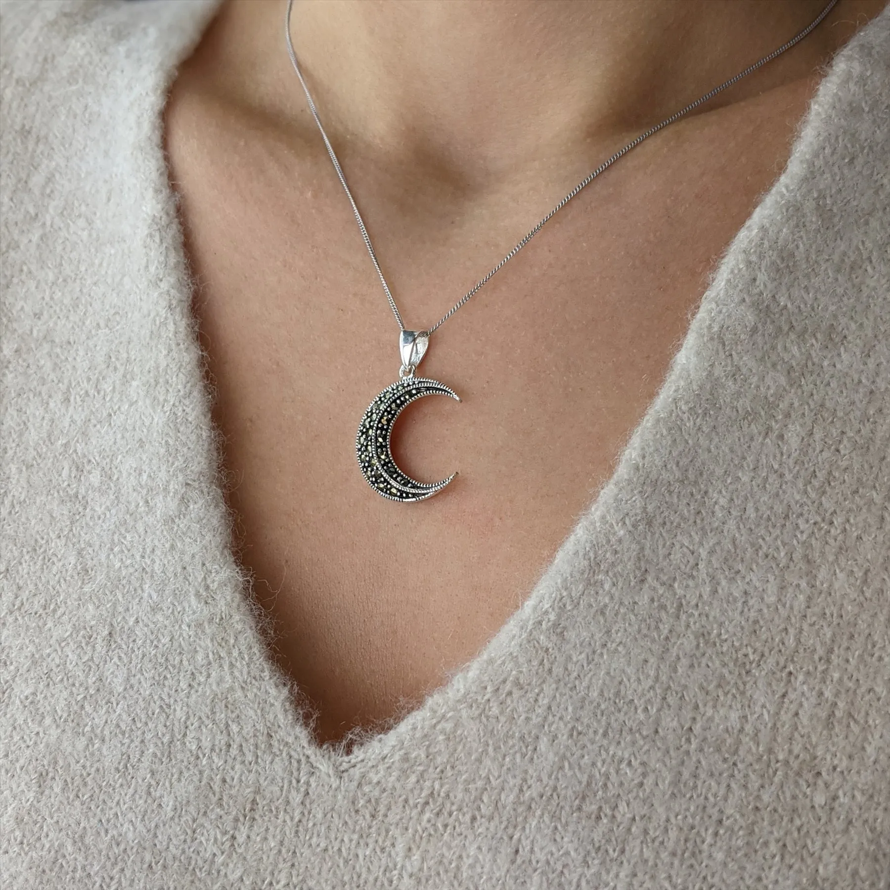 Sterling Silver Marcasite Crescent Moon Pendant Unique Wiccan Necklace