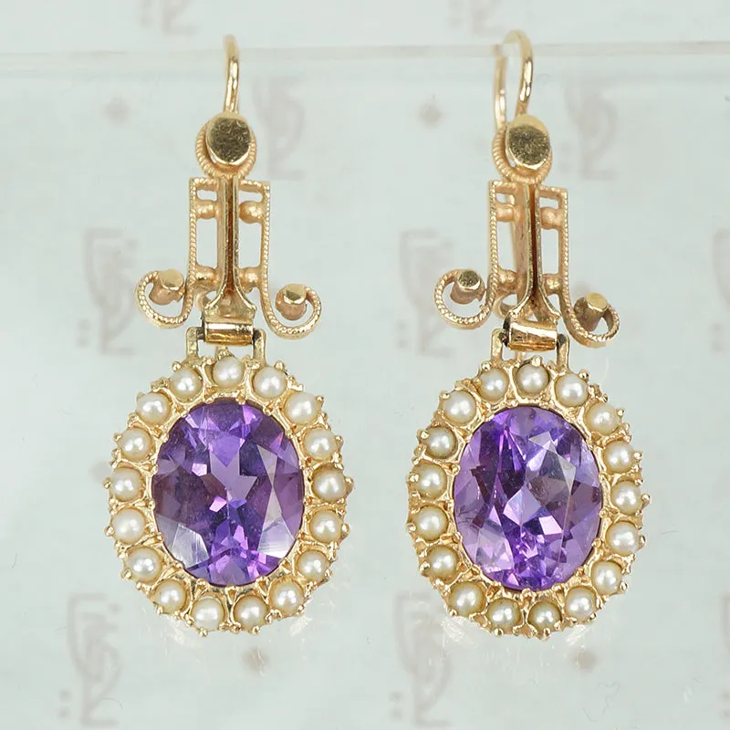 Striking Vintage Amethyst and Pearl Gold Earrings