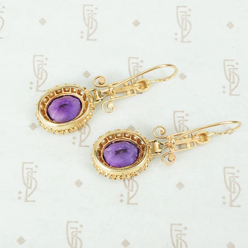 Striking Vintage Amethyst and Pearl Gold Earrings