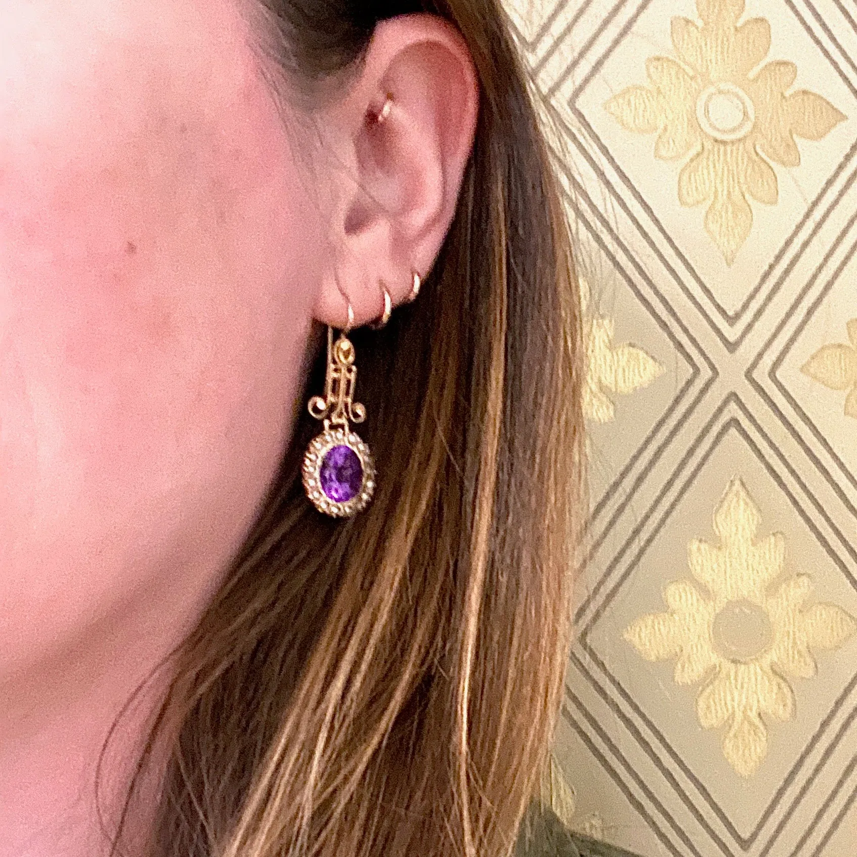 Striking Vintage Amethyst and Pearl Gold Earrings