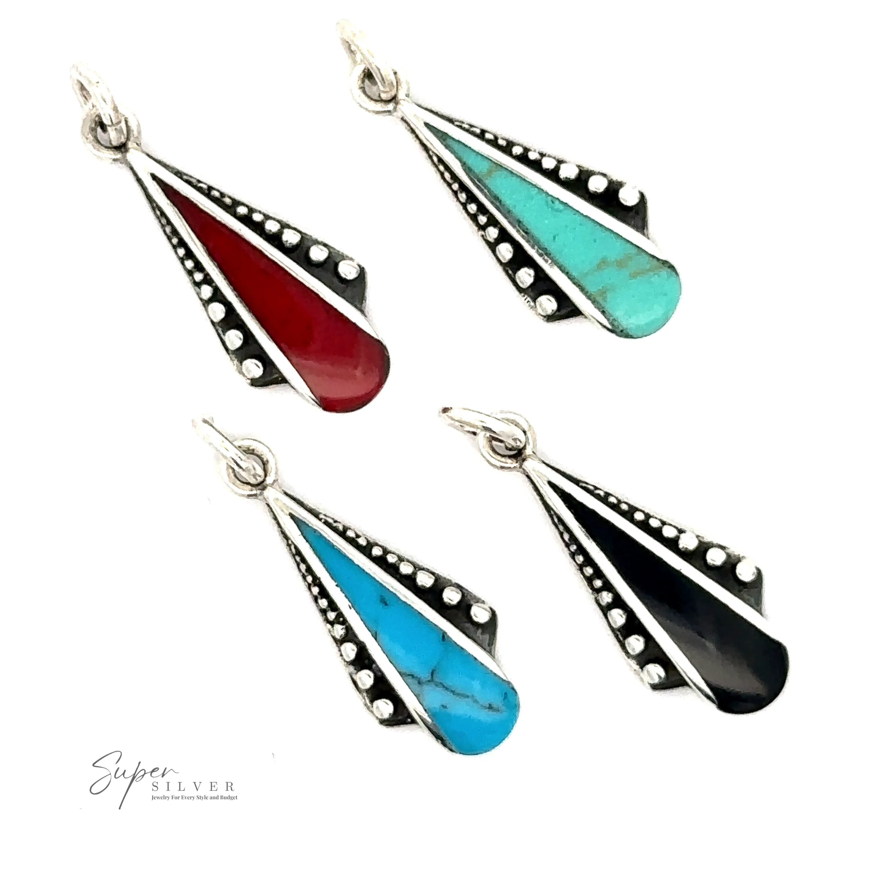 Teardrop Pendant with Inlaid Stones and Ball Border