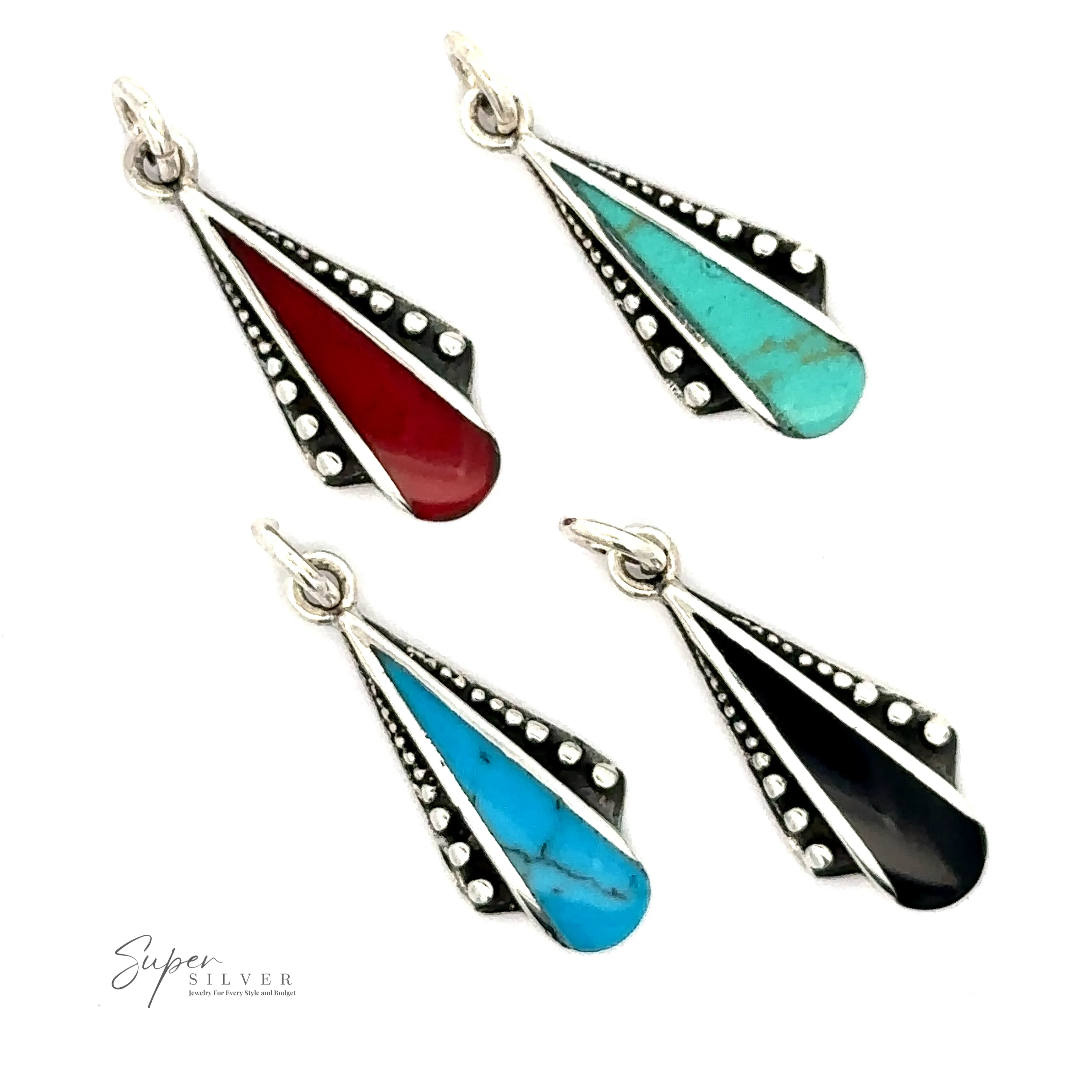 Teardrop Pendant with Inlaid Stones and Ball Border