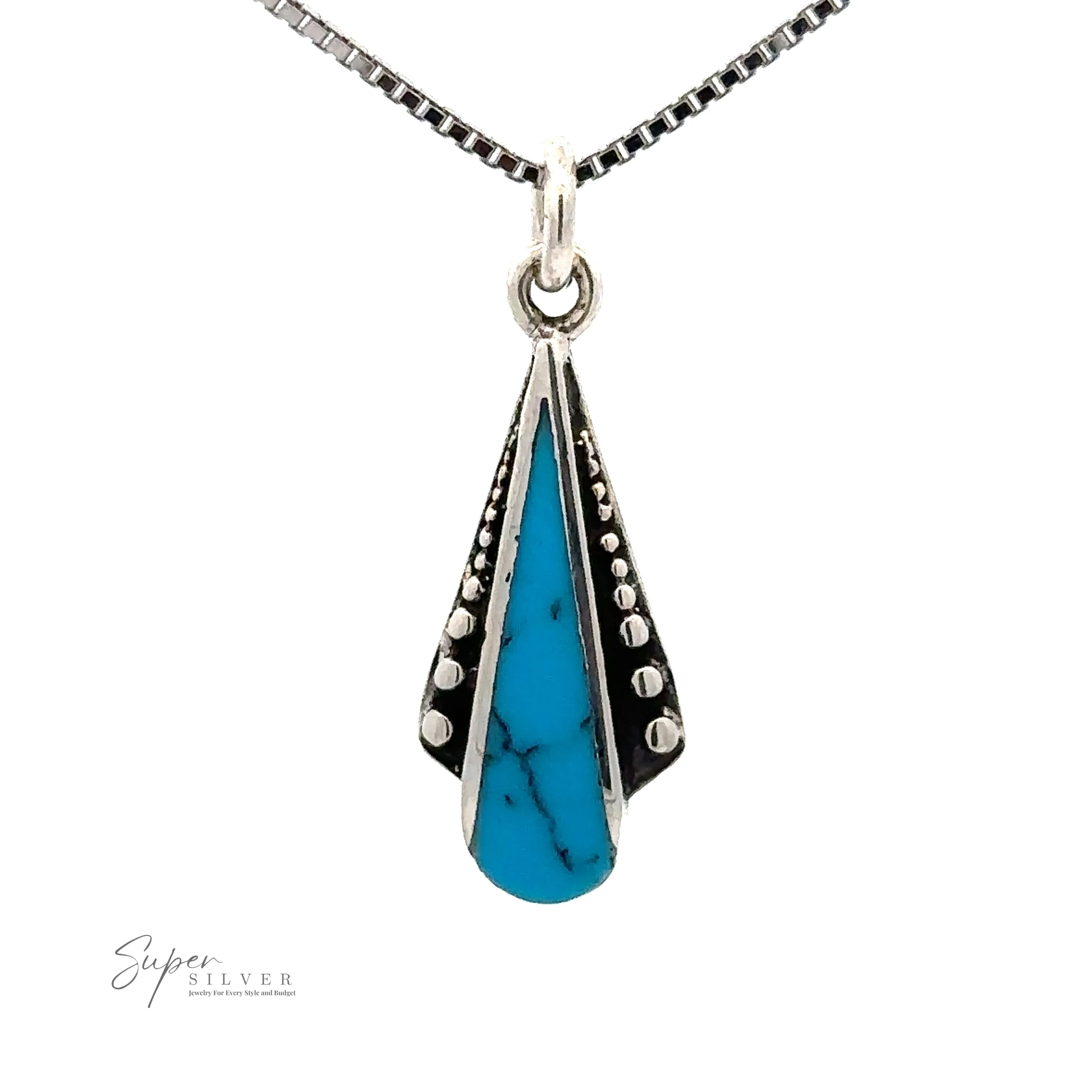 Teardrop Pendant with Inlaid Stones and Ball Border